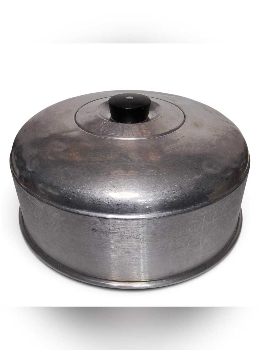 Mid Century Embossed Aluminum CAKE Cover Saver MCM Vintage Dome Lid Black Handle